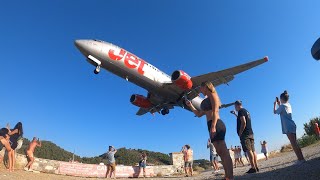 Skiathos airport jet blasts and insane low landings 4K [upl. by Douty]