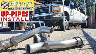 2001 F350 73  RiffRaff UpPipes Install  Stock up pipes leaking and falling apart JUNK SP [upl. by Ahsam]